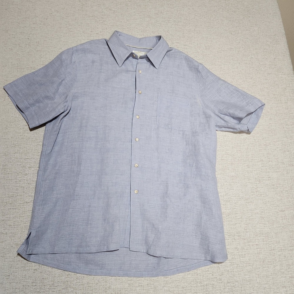 Tasso Elba Island Silk Linen Shirt Mens Large Light Grey Short Sleeve Button Up